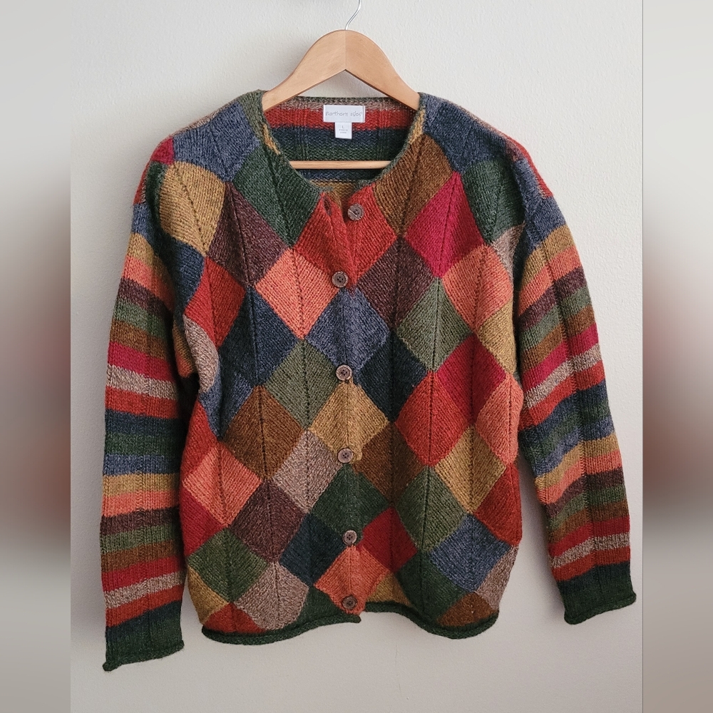 Women’s Vintage Multicolor Diamond Patch Cardigan Sweater